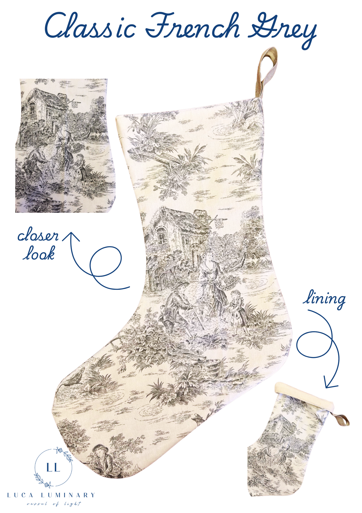 Classic French Grey Christmas Stocking