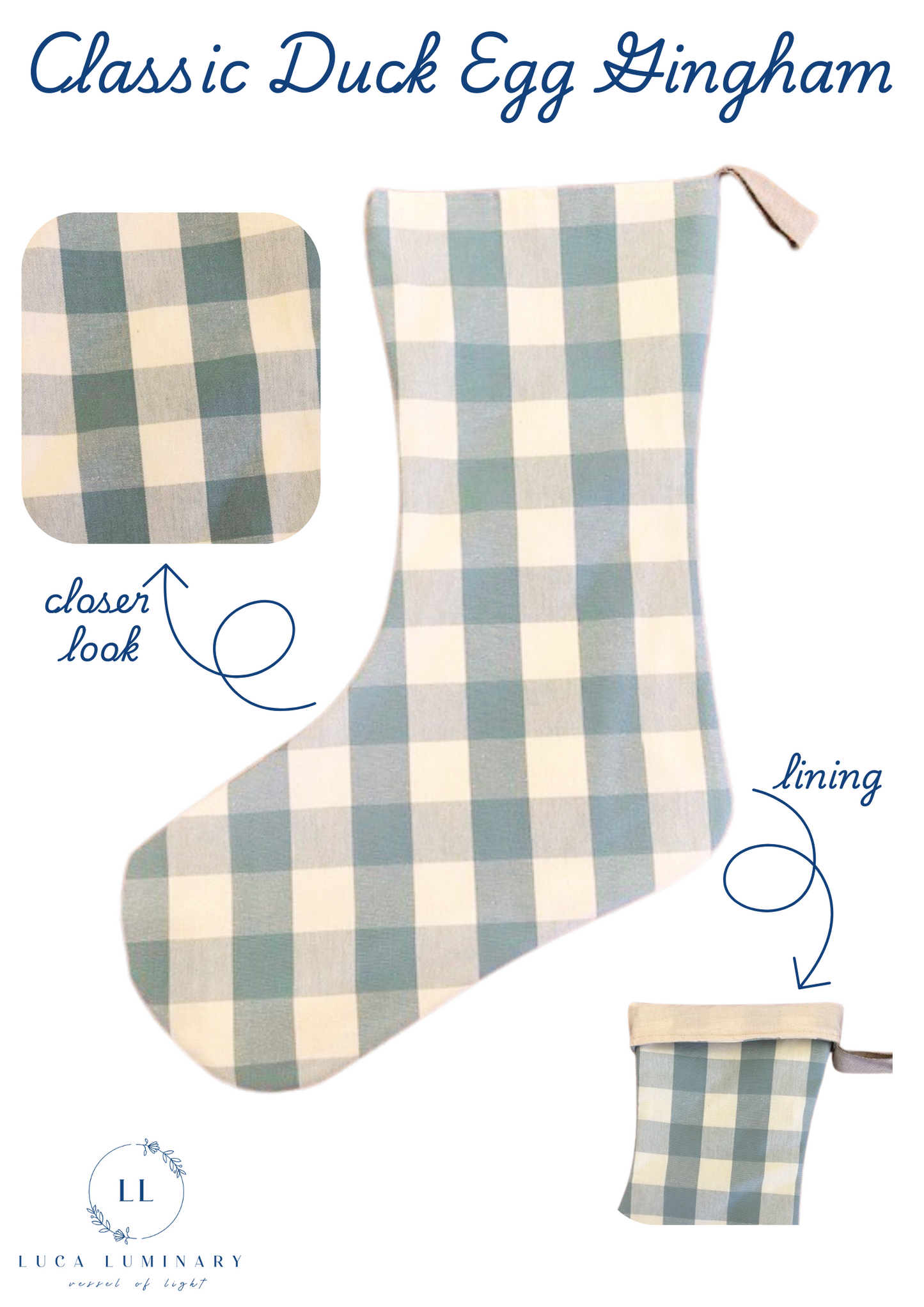 Classic Duck Egg Gingham Christmas Stocking